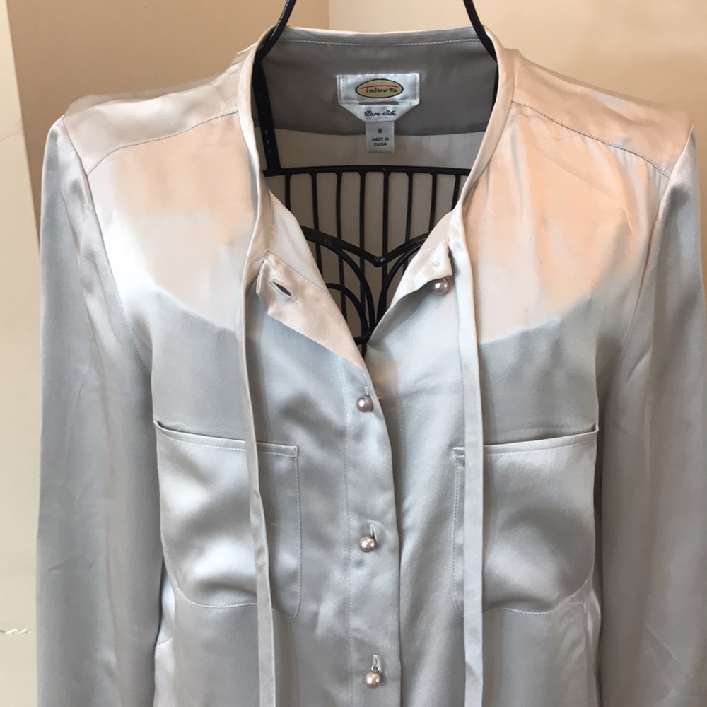 Talbots Pure Silk Gray/Silver Blouse with Faux Pearl Buttons - Picture 5 of 8